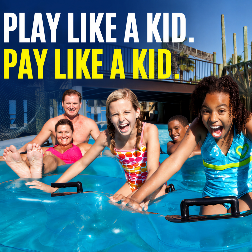 Group of people in a blue inflatable raft at a sunny water park, with the banner text 'PLAY LIKE A KID' across the top.